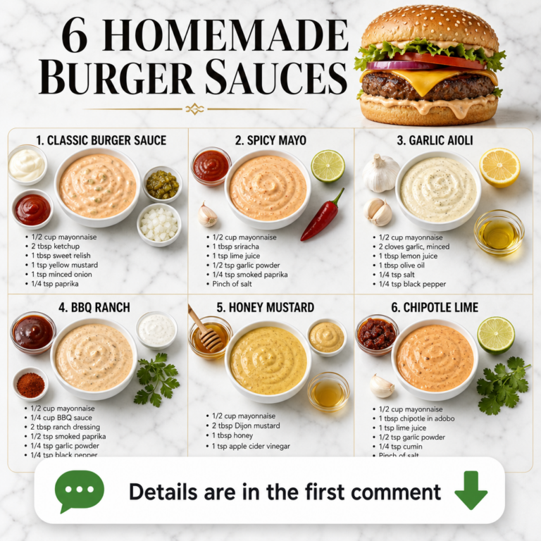 An infographic showing six different homemade burger sauces in white bowls each surrounded by its ingredients with a per