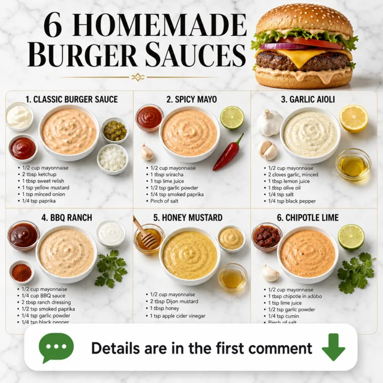 An infographic showing six different homemade burger sauces in white bowls each surrounded by its ingredients with a per