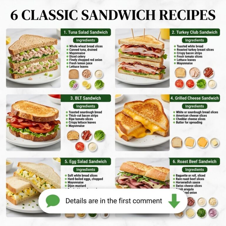 A grid of six classic sandwich recipes each with an image ingredients and name similar to the source infographic