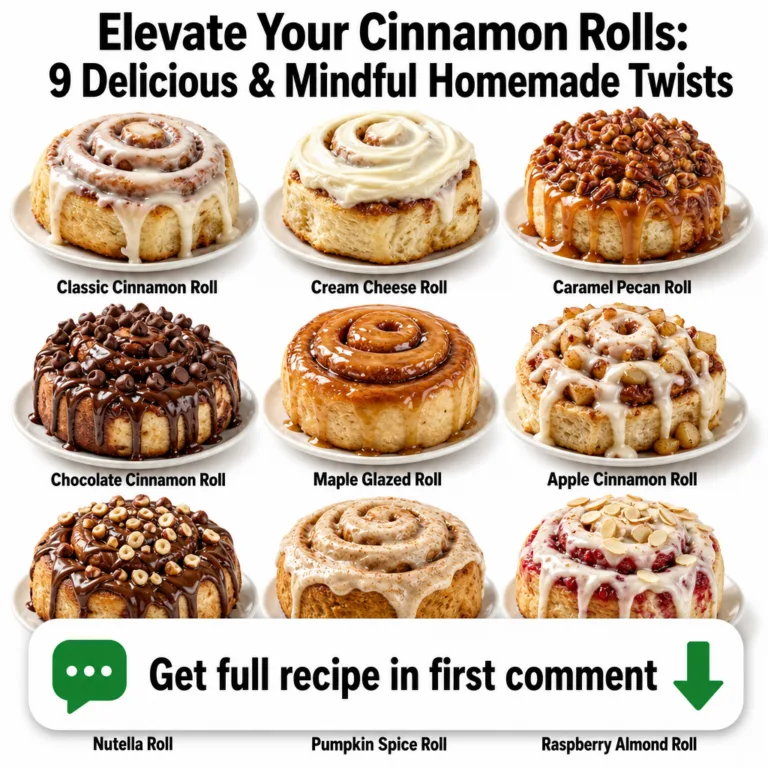 A 3x3 grid display of nine distinct cinnamon rolls each on a small white plate showcasing different toppings and glazes 
