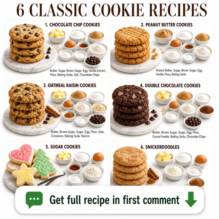 A flat lay image showing six different types of classic cookies Chocolate Chip Peanut Butter Oatmeal Raisin Double Choco