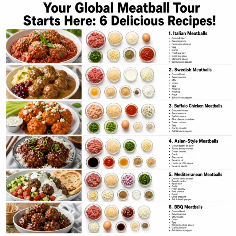 A collage-style infographic showing six different global meatball recipes with plated dishes raw ingredients in bowls an