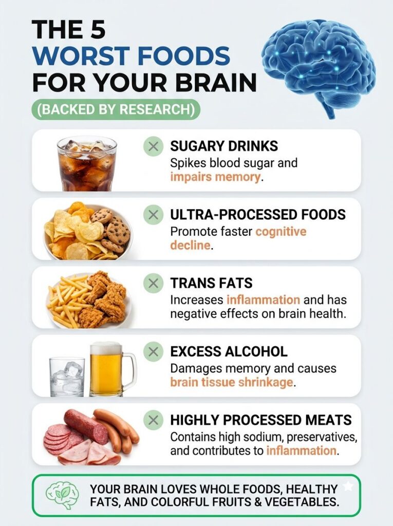 An infographic titled The 5 Worst Foods For Your Brain showing visuals and explanations for sugary drinks ultra-processe