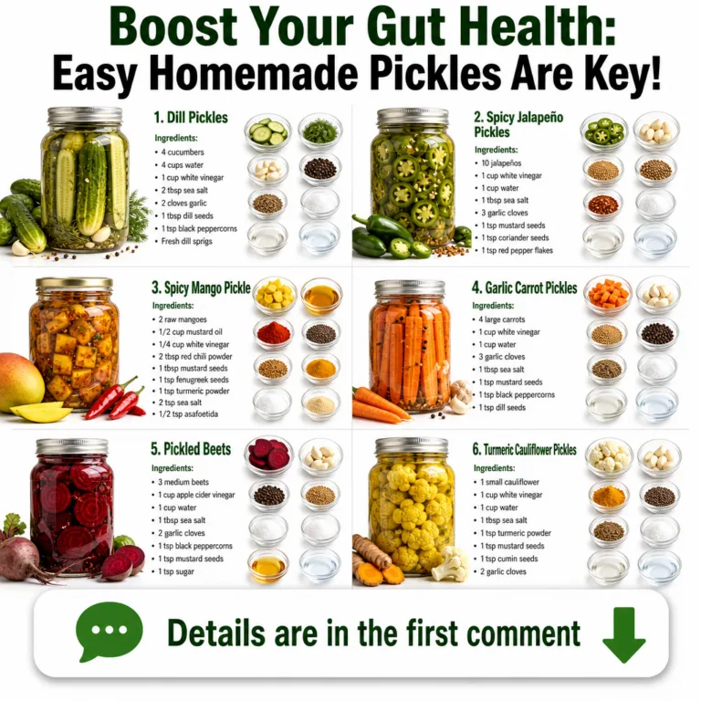 An infographic titled Boost Your Gut Health Easy Homemade Pickles Are Key showing six different types of homemade pickle