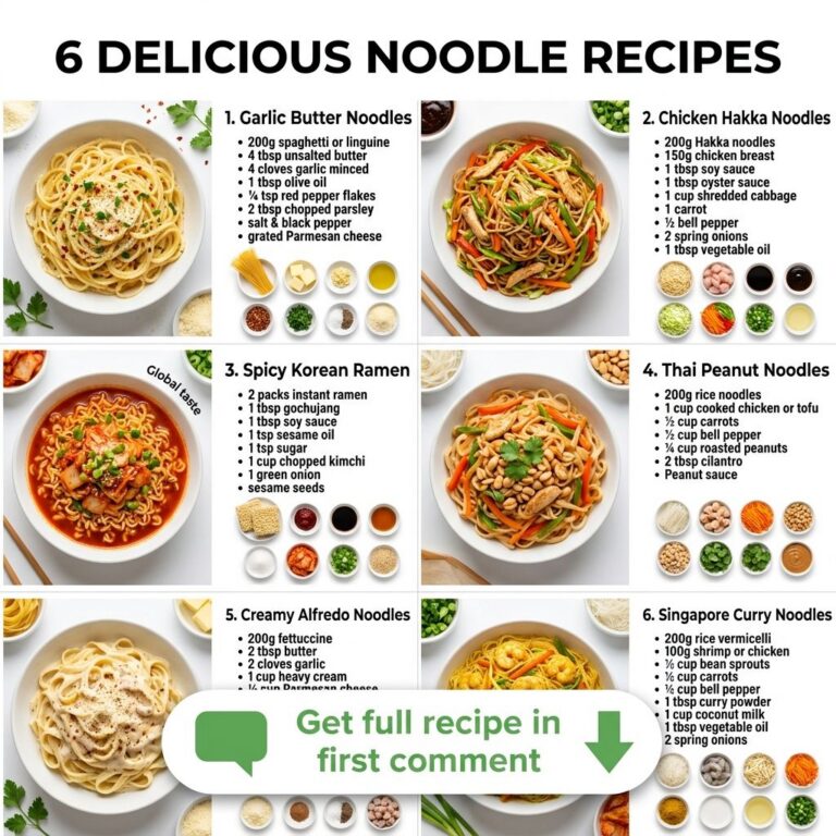 A vibrant grid showcasing six different beautifully plated noodle dishes each with its ingredients laid out beside it si
