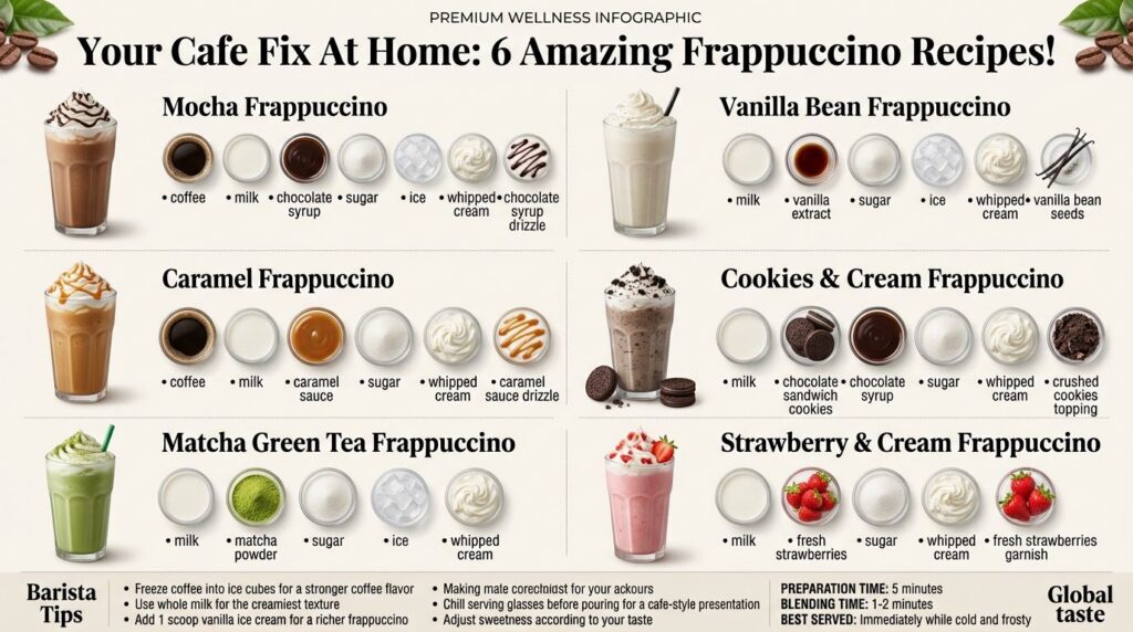 An overhead shot of six different homemade frappuccinos in tall glasses with whipped cream and various garnishes arrange