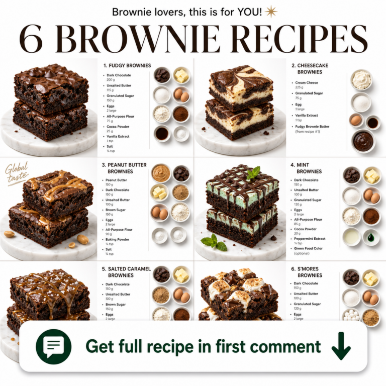 A grid showing six different types of brownies Fudgy Cheesecake Peanut Butter Mint Salted Caramel and S mores each with 