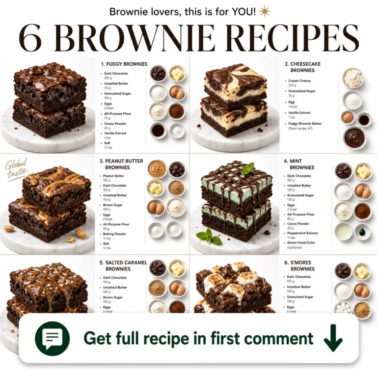 A grid showing six different types of brownies Fudgy Cheesecake Peanut Butter Mint Salted Caramel and S mores each with 