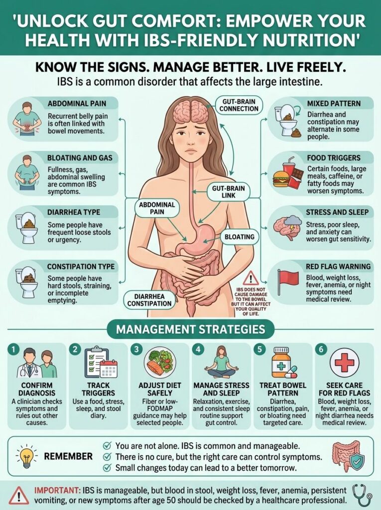A detailed infographic illustrating IBS symptoms types triggers gut-brain connection and six management strategies with 