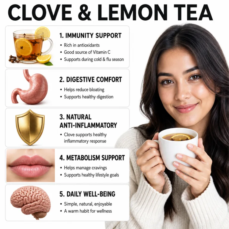 Infographic showing 5 health benefits of clove and lemon tea with icons for immunity digestion anti-inflammatory fresh b