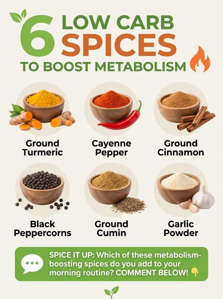 An infographic showing 6 low-carb spices to boost metabolism Turmeric Cayenne Pepper Cinnamon Black Peppercorns Cumin an