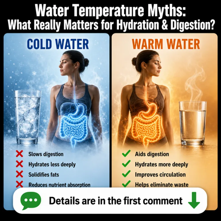 A split image comparing cold water and warm water with a glass of iced water on one side and a steaming glass of water o