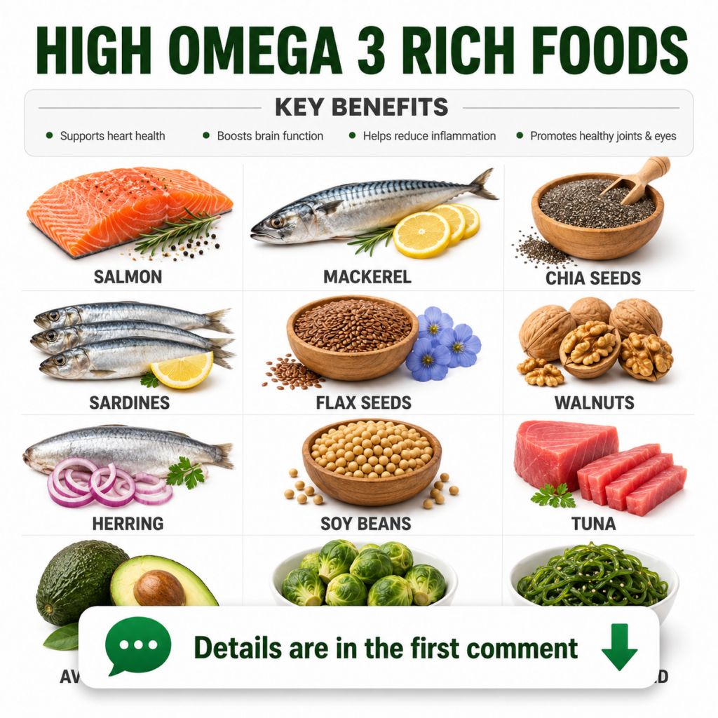 A comprehensive infographic titled HIGH OMEGA 3 RICH FOODS showcasing key benefits like heart health brain function redu