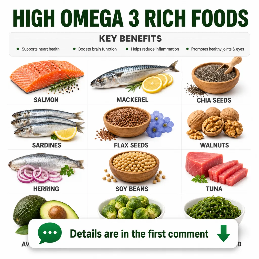 A comprehensive infographic titled HIGH OMEGA 3 RICH FOODS showcasing key benefits like heart health brain function redu