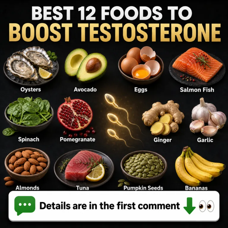 A grid of 12 foods known to boost testosterone oysters avocado eggs salmon spinach pomegranate ginger garlic almonds tun