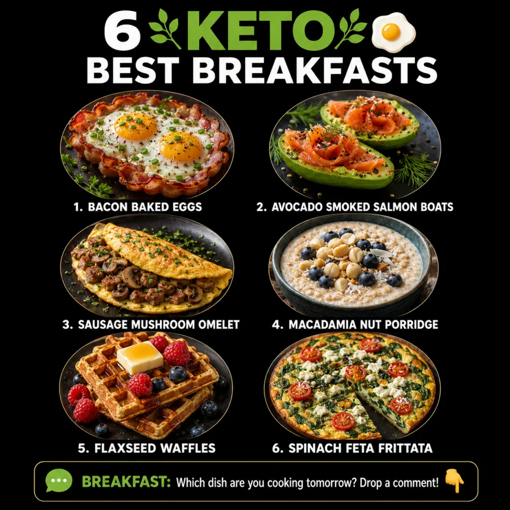 A grid of six different keto breakfast dishes overhead shot on a dark background Dishes include waffles sausage and mush