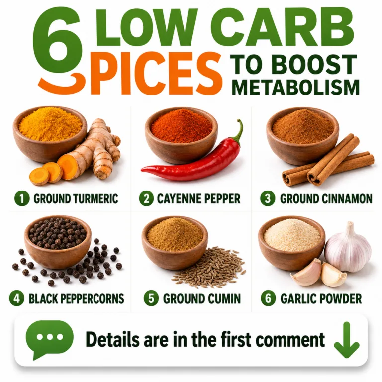 An infographic titled 6 LOW CARB SPICES TO BOOST METABOLISM showcasing ground turmeric cayenne pepper ground cinnamon bl