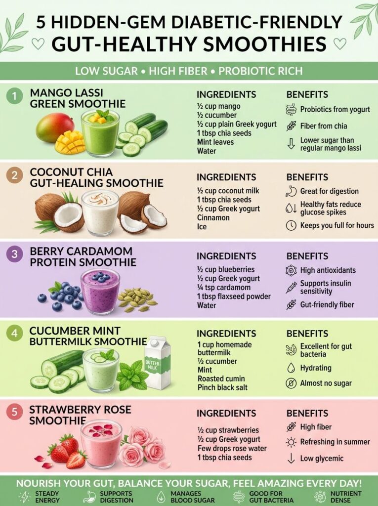 An infographic titled 5 Hidden-Gem Diabetic-Friendly Gut-Healthy Smoothies featuring five distinct smoothie recipes with