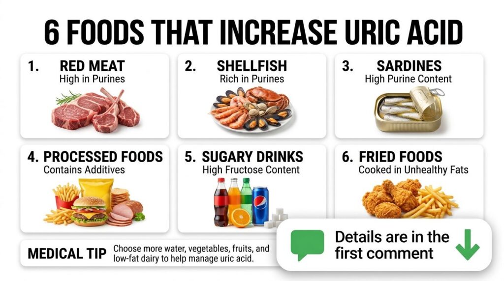An infographic titled 6 FOODS THAT INCREASE URIC ACID showing illustrations of red meat shellfish sardines processed foo