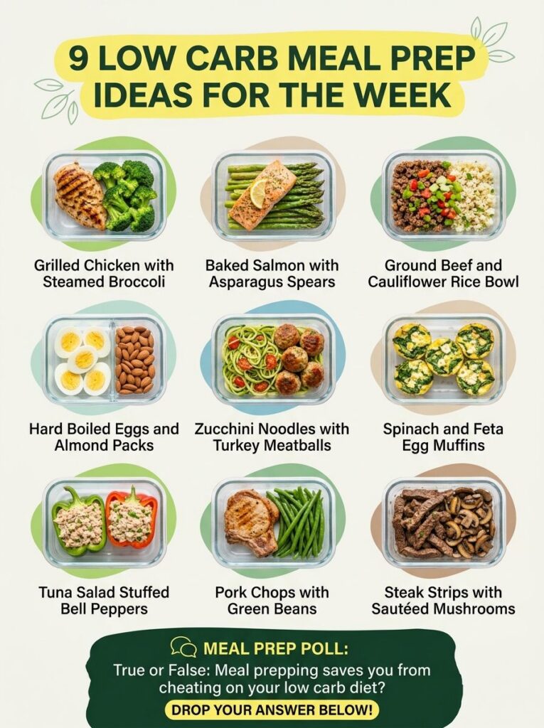 An infographic showing 9 different low-carb meal prep ideas neatly arranged in clear glass containers The meals are vari
