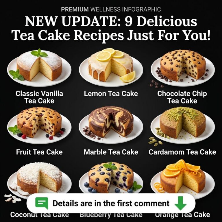 An array of nine beautifully garnished tea cakes each on a white plate against a dark background with a slice cut from e