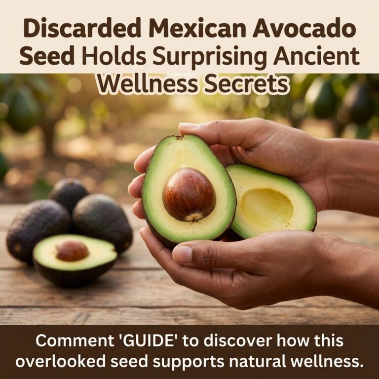 Close-up of hands holding a halved avocado emphasizing the large brown seed and green flesh with other avocados in a rus