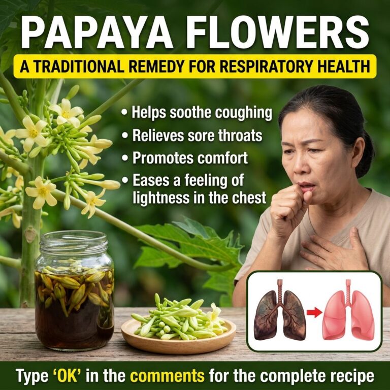 Composite infographic showing papaya flowers an older woman with respiratory discomfort a glass jar with papaya flower i