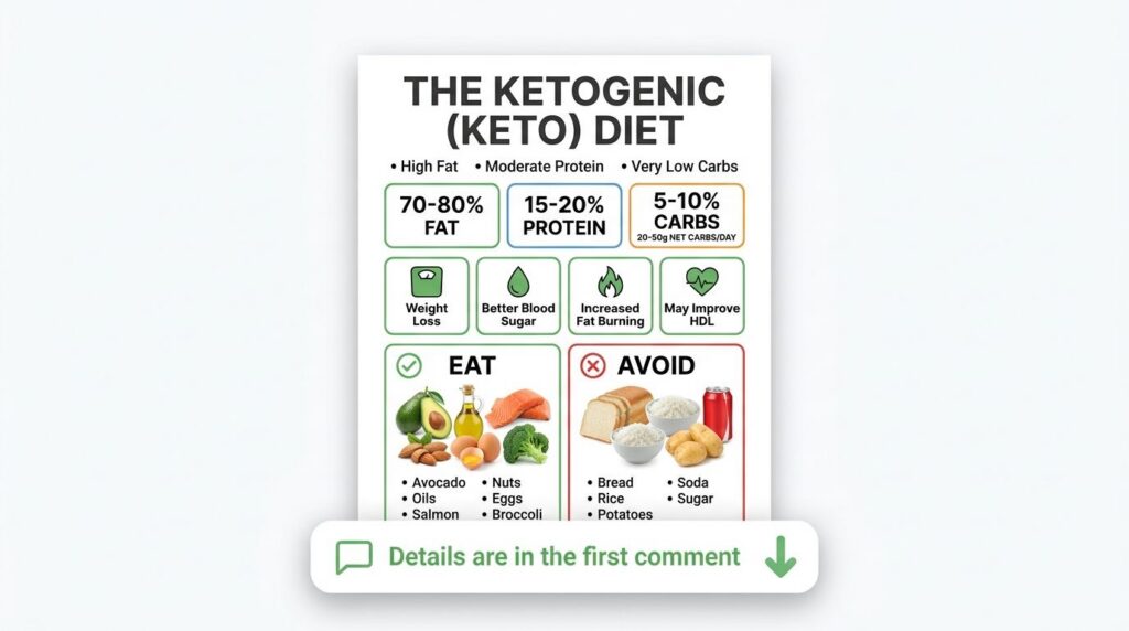A graphic illustrating the macronutrient breakdown of the ketogenic diet 70-80 Fat 15-20 Protein and 5-10 Carbs with cor