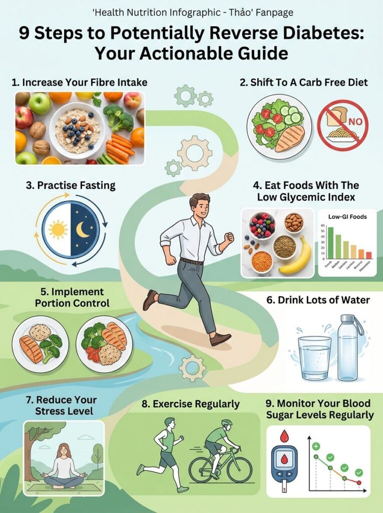 An infographic titled 9 Steps to Potentially Reverse Diabetes Your Actionable Guide showing a man running on a path surr