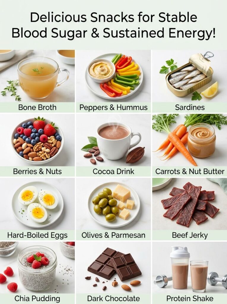 A grid of twelve delicious healthy snacks designed for stable blood sugar and sustained energy including bone broth sard