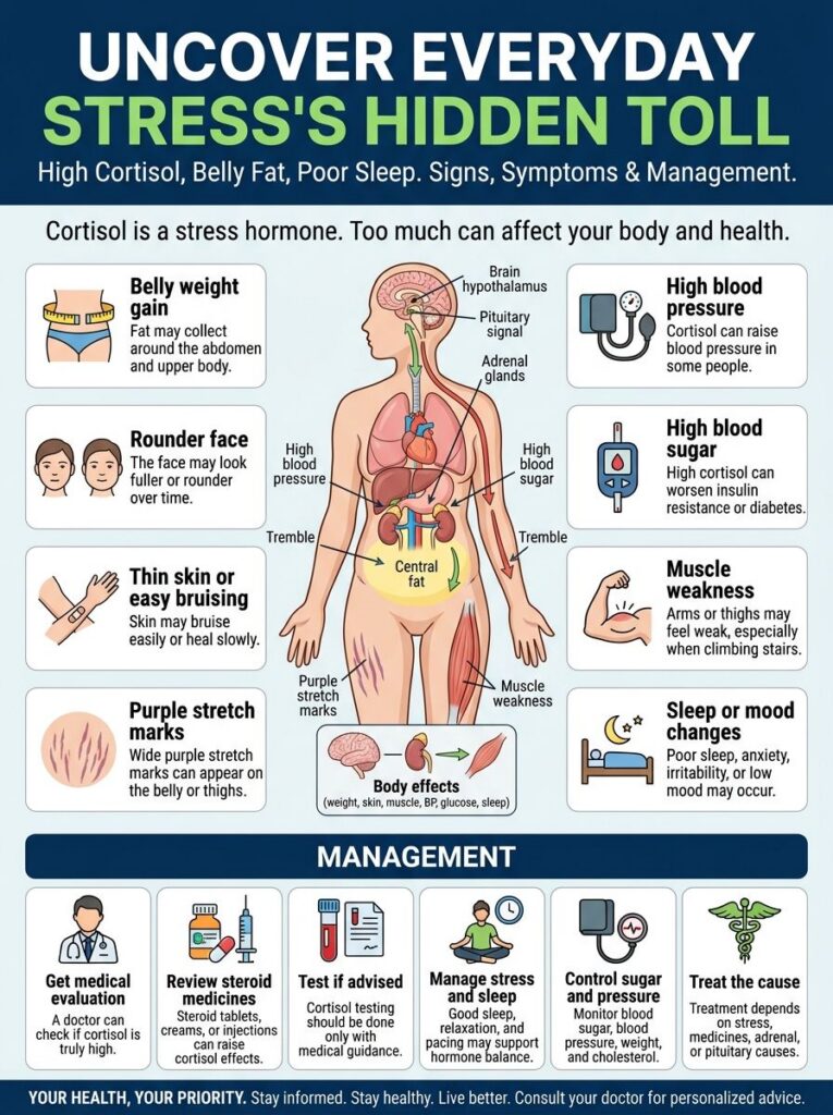 An infographic titled Uncover Everyday Stress s Hidden Toll High Cortisol Belly Fat Poor Sleep Signs Symptoms Management