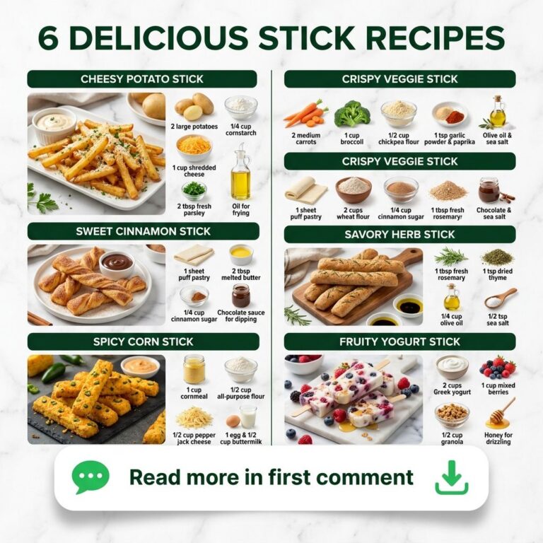 A vibrant infographic showcasing 6 delicious homemade stick recipes including cheesy potato sweet cinnamon savory herb s