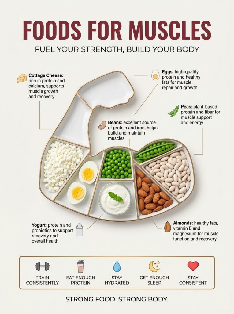 An infographic titled FOODS FOR MUSCLES showing a muscle-shaped platter with compartments holding cottage cheese hard-bo