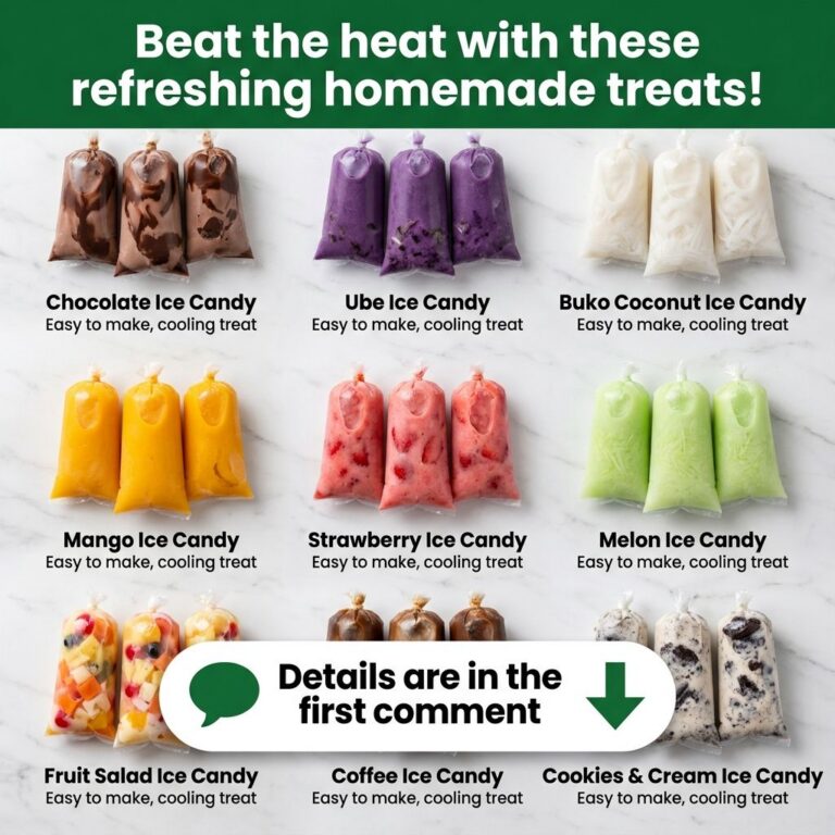 Nine different flavors of ice candy in clear plastic pouches arranged neatly Each flavor is labeled e g Chocolate Ube Ma