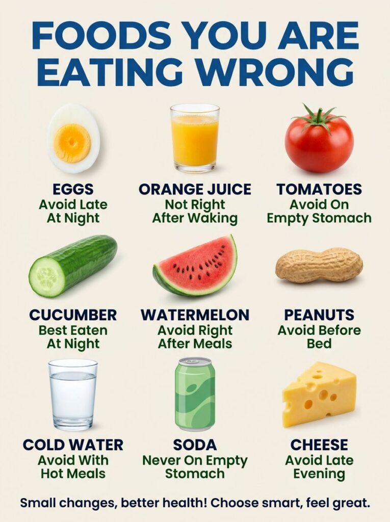 An infographic titled Foods You re Eating Wrong with nine cells showing different food items boiled egg orange juice tom
