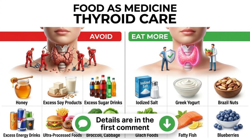 An infographic titled FOOD AS MEDICINE THYROID CARE divided into AVOID red side with a cracked thyroid and EAT MORE gree