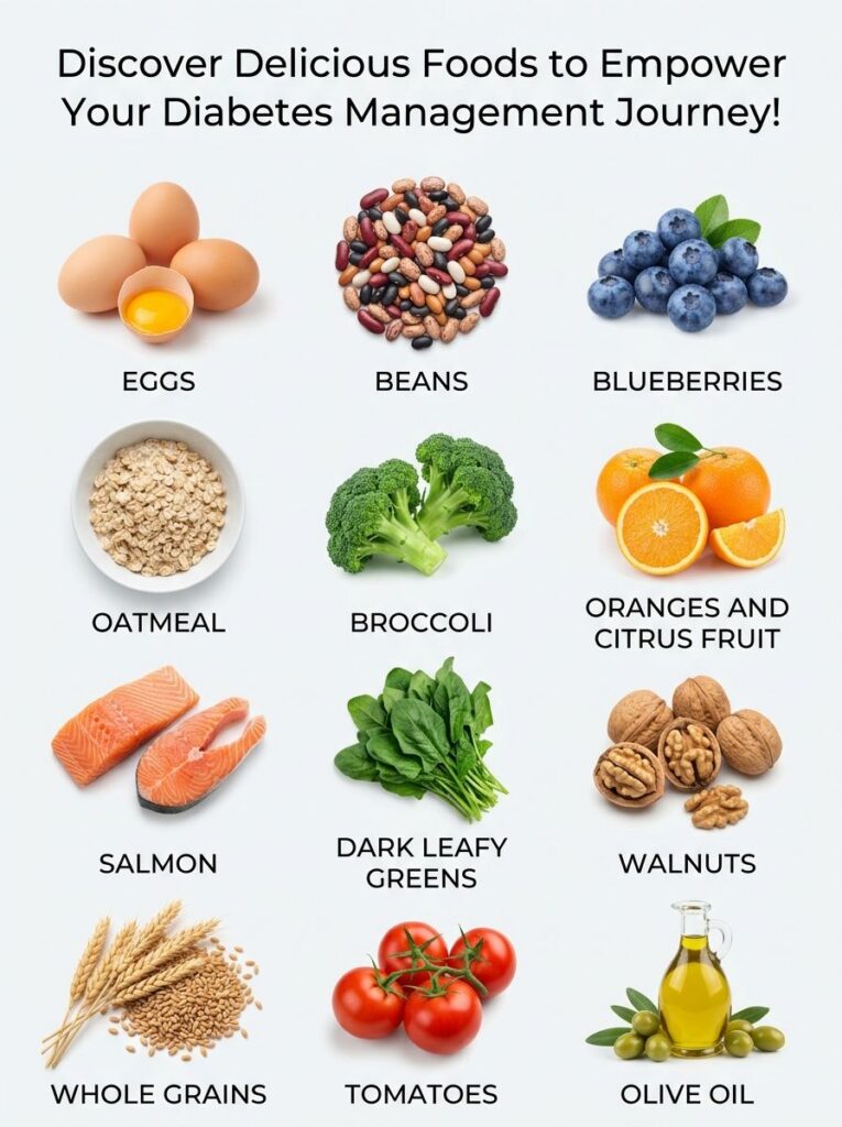 An infographic showing 12 diabetes-friendly foods Eggs Beans Blueberries Oatmeal Broccoli Oranges and Citrus Fruit Salmo