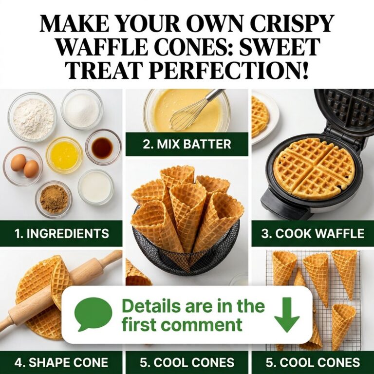 A beautiful stack of golden crispy waffle cones some filled with ice cream on a clean background with an ice cream scoop