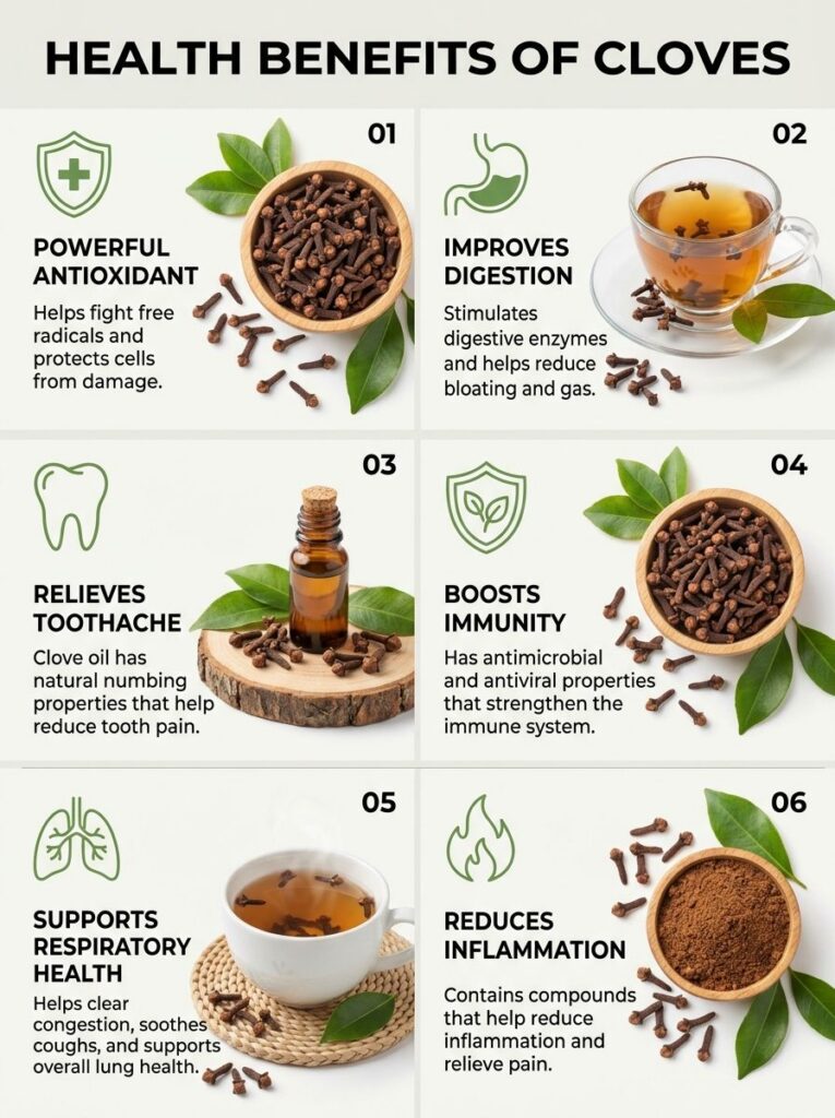An infographic titled HEALTH BENEFITS OF CLOVES showing six distinct panels each with an icon title explanation and imag