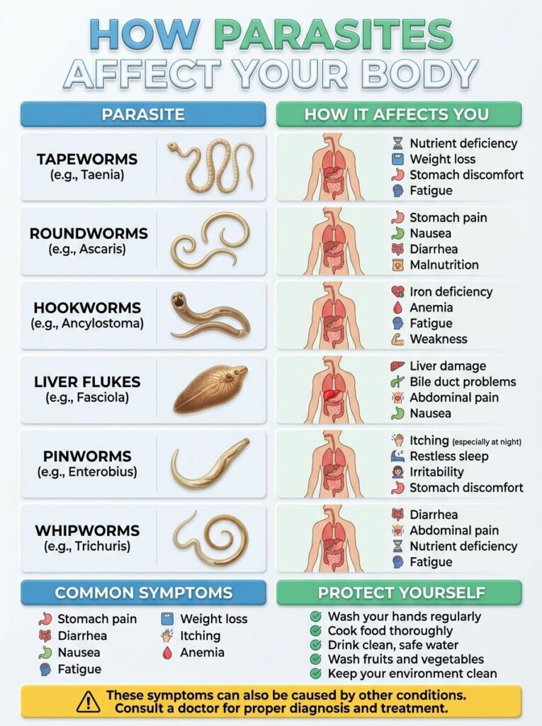 A detailed health infographic showing various types of parasites their effects on the human body common symptoms and pre