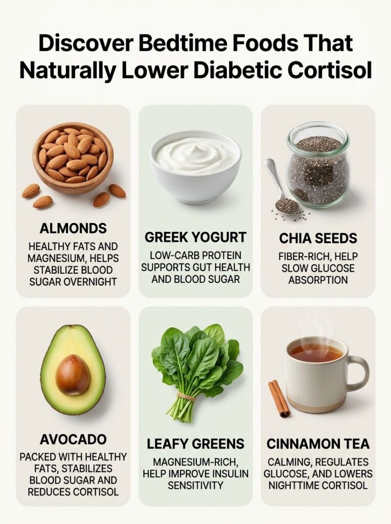 An infographic titled Discover Bedtime Foods That Naturally Lower Diabetic Cortisol showcasing almonds Greek yogurt chia