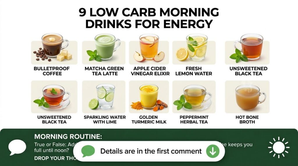 An infographic showing 9 low-carb morning drinks for energy each in a glass or mug with ingredients like coffee matcha a