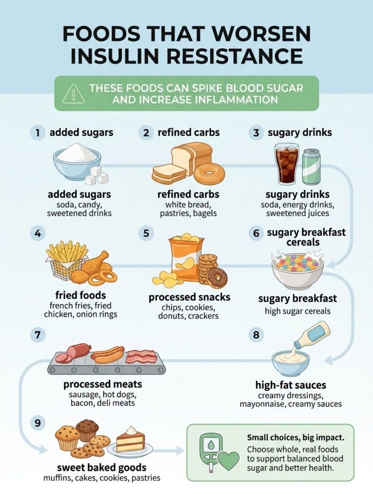 An infographic titled 9 Foods to Avoid Worsening Insulin Resistance Metabolic Health listing various unhealthy food cate