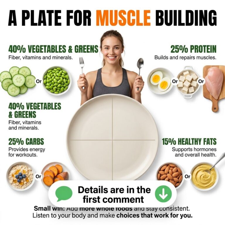 Infographic showing a segmented plate with sections for 40 vegetables greens 25 protein 25 carbs and 15 healthy fats wit