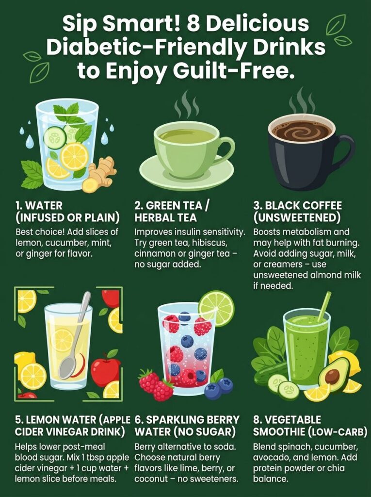 An infographic titled Sip Smart 8 Delicious Diabetic-Friendly Drinks to Enjoy Guilt-Free showing illustrations of variou