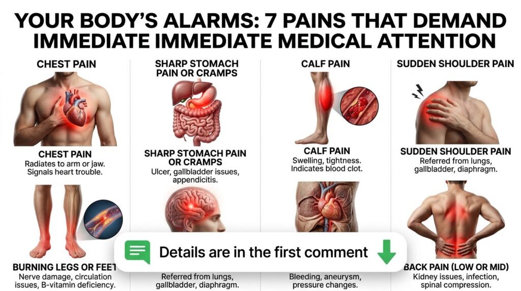 An infographic illustrating 7 distinct body pains that require immediate medical attention highlighting areas like the c