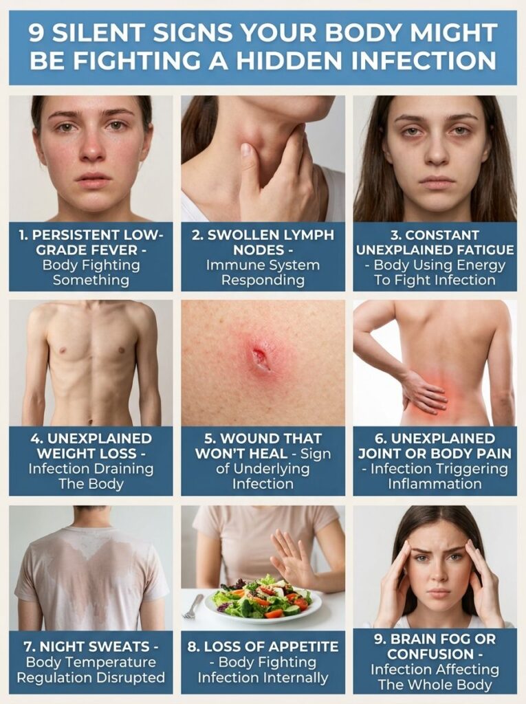 An infographic titled 9 SILENT SIGNS YOUR BODY MIGHT BE FIGHTING A HIDDEN INFECTION showing nine distinct images each il