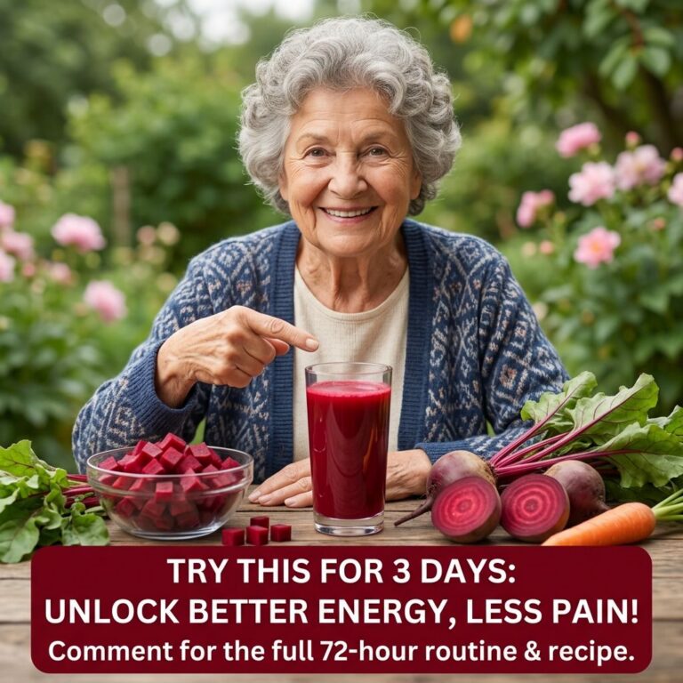 A smiling senior woman seated outdoors at a rustic wooden table with lush greenery and pink flowers in the background po