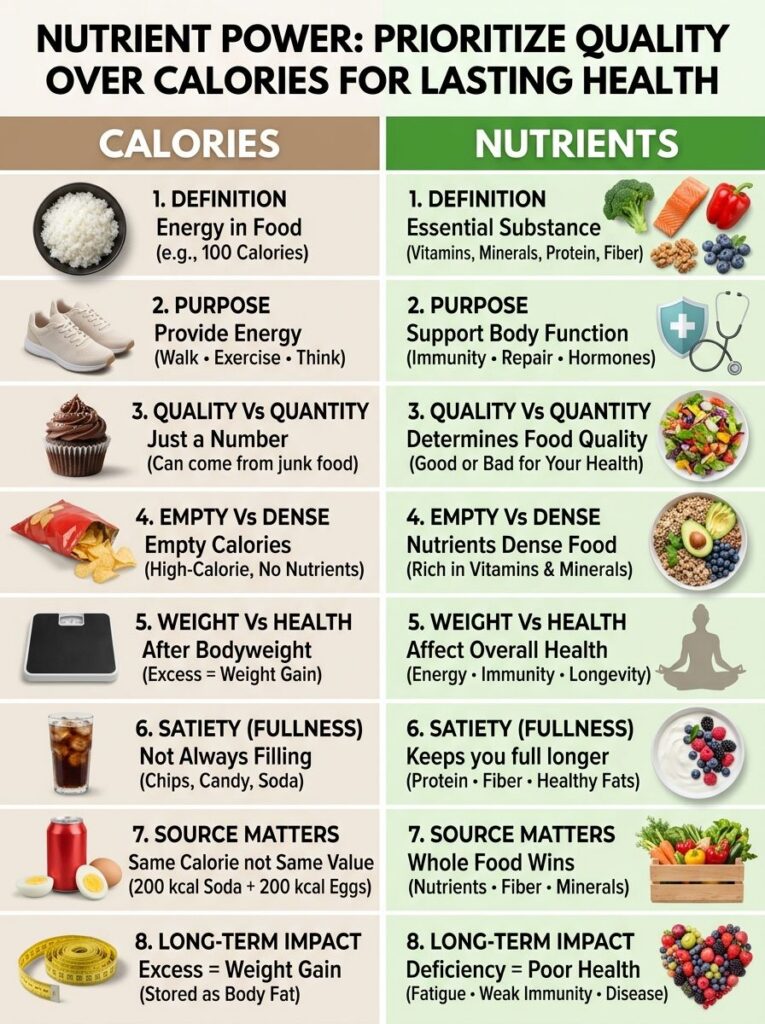 An infographic titled NUTRIENT POWER PRIORITIZE QUALITY OVER CALORIES FOR LASTING HEALTH comparing CALORIES and NUTRIENT