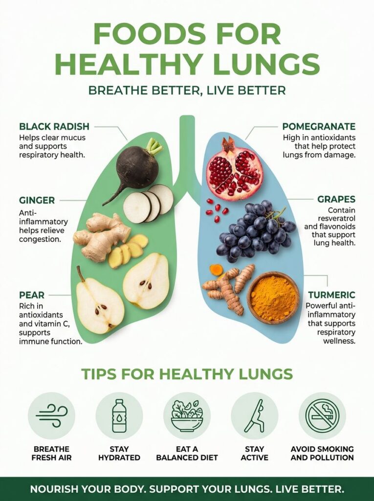 An infographic titled FOODS FOR HEALTHY LUNGS showing stylized lungs filled with various healthy foods like black radish